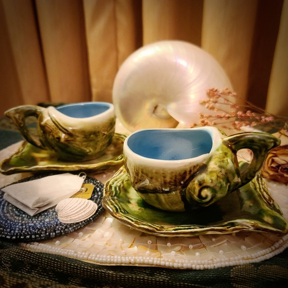 SOLD - Vintage Seashell Teacup and Saucers